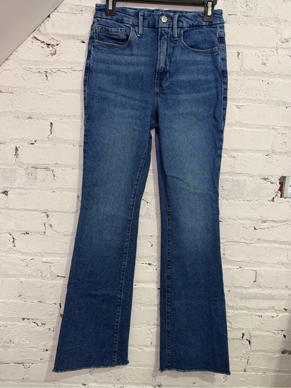 Good American Good Legs Flare Jeans Dark Wash Raw Hem Recycled Cotton Size 6/28